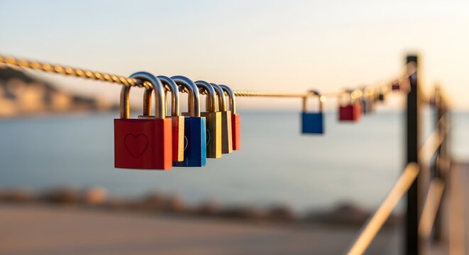 Romance Locks of Love Symbolizing Commitment Along a Scenic Coastal Walkway