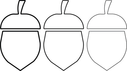 Minimalist acorn line art icons, black and white oak nut vector set, simple autumn forest seed illustrations with varying stroke weights © Artech