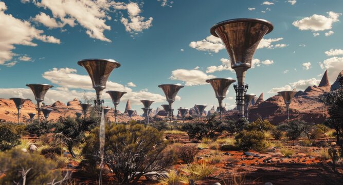 Hyperrealistic wide shot of waterharvesting trees in desert Canon EOS R5 24mm f8