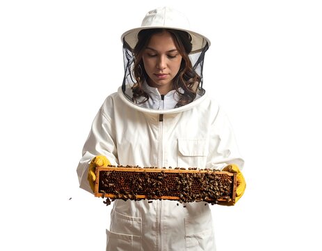 A person in a protective suit and hat, with a mesh face cover, inspects a honeycomb frame teeming with bees