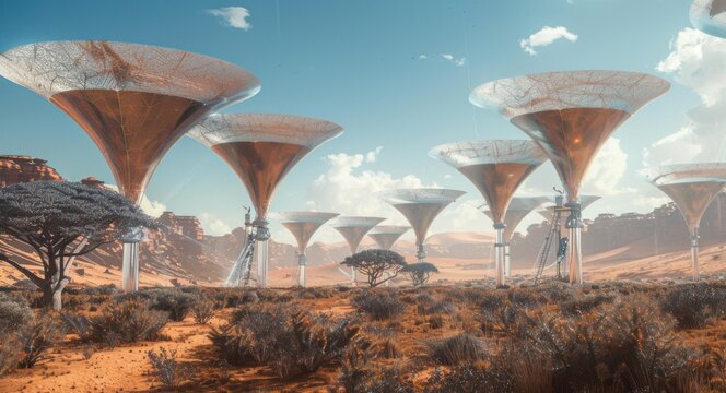 Hyperrealistic wide shot of waterharvesting trees in desert Canon EOS R5 24mm f8