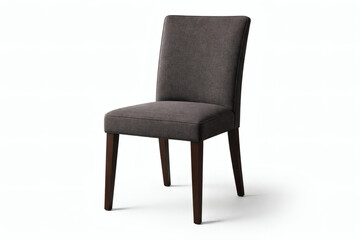 Fototapeta premium Modern grey upholstered dining chair with wooden legs isolated on white background. Elegant fabric furniture for contemporary interior design, home office, dining room and restaurant decor.