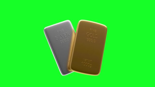 Gold and silver bullion bars rotate and float against a green screen background in a clean 3D animation