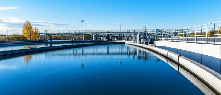 Water treatment plant located near a river during a clear day in autumn with blue sky and no clouds