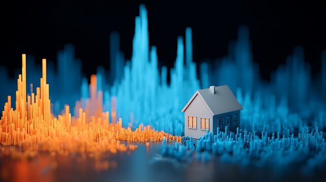 Small house model surrounded by glowing orange and blue data bar charts on a dark background