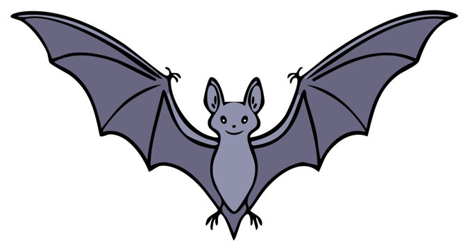 Cute gray bat with large wings spread wide smiles on a white background illustration