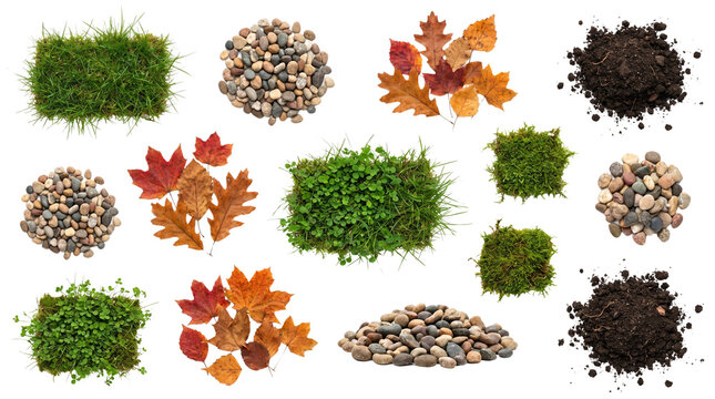 Garden top view collection developed for landscaping projects, outdoor themed layouts, wellness visuals and natural composition building, isolated on White background