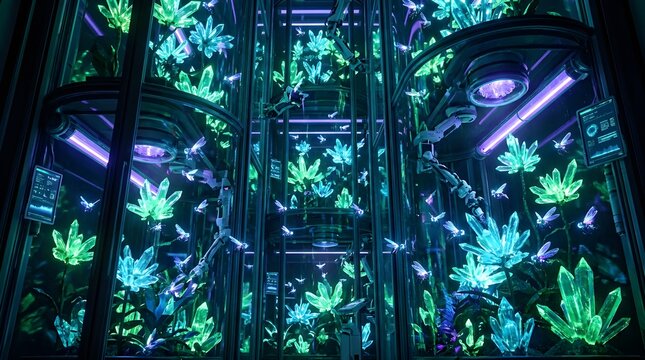 Futuristic Smart Greenhouse with Robotic Bees Pollinating Glowing Crystal Plants in Vertical Farm