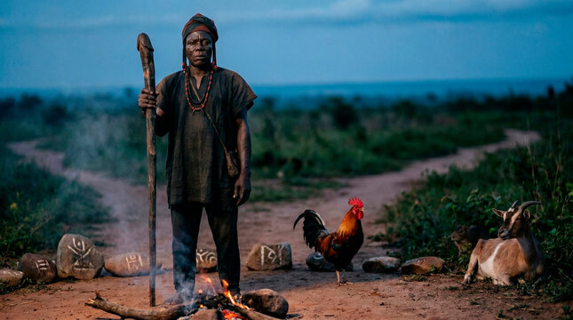 Exu Eshu African Orisha Messenger Guardian at Crossroads with Fire Staff Rooster and Goat - Yoruba Deity Collection