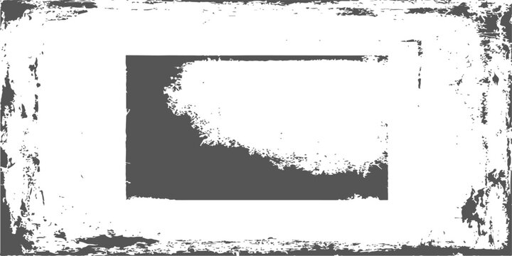Distressed grunge border texture with heavy ink splatter and weathered rectangular frame on white background overlay