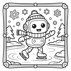 Obraz premium Robot Astronaut Cartoon Character in a Retro Doodle Border with Stars and Planet Rings, Holding a Camera-Like Device While Standing in Space