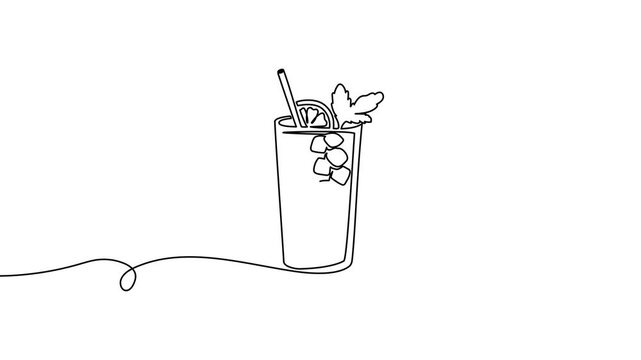 Continuous one line cocktail drawing vector illustration design art isolated. Cocktail glass ice party doodle graphic white bar silhouette alcohol background beverage wine restaurant water juice menu.