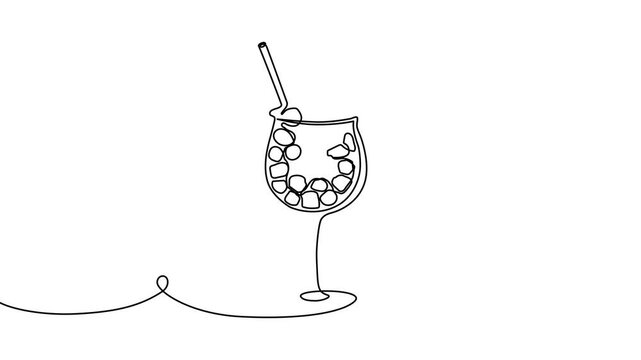 Continuous one line cocktail drawing vector illustration design art isolated. Cocktail glass ice party doodle graphic white bar silhouette alcohol background beverage wine restaurant water juice menu.