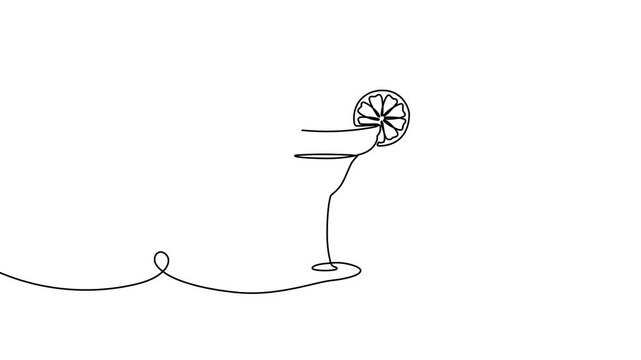 Continuous one line cocktail drawing vector illustration design art isolated. Cocktail glass ice party doodle graphic white bar silhouette alcohol background beverage wine restaurant water juice menu.
