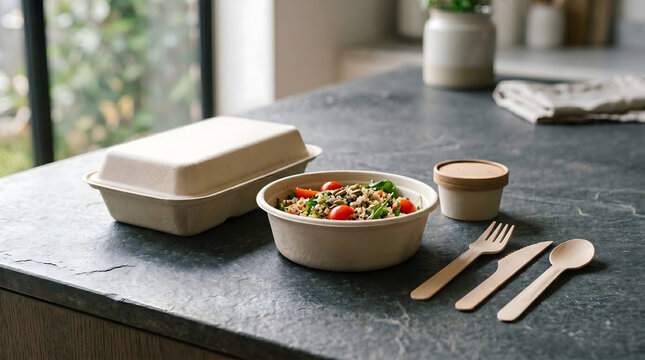 Eco-friendly compostable food packaging with a healthy salad bowl on a stone countertop.