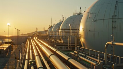 Naklejka premium Hydrogengeneration plant near coastline with white tanks pipes valves