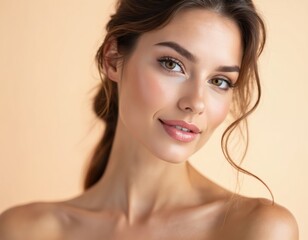 Fototapeta premium Young woman face closeup with smooth skin and subtle makeup. Healthy beauty glow and gentle smile. Natural feminine appearance in studio setting. Pleasant cosmetic look.