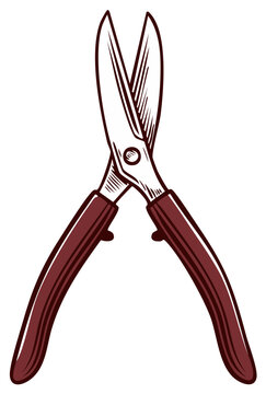 Vintage woodcut style illustration of industrial tin snips or metal cutting shears