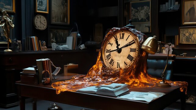 The molten clock draped over the desk symbolizes the fluidity of time as it ebbs and flows during the creative act.