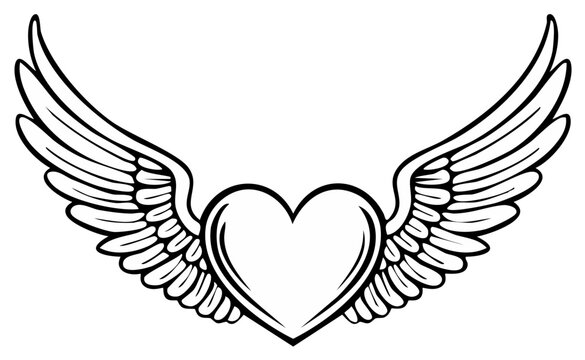 Stylized Heart Shape with Outspread Wings Black and White Graphic Design