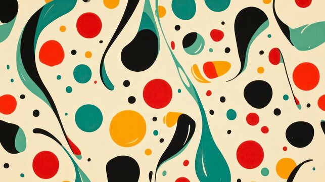 With playful dots and colorful shapes, this seamless retro abstract pattern is tilable