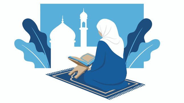 Muslim woman in hijab reading Quran on prayer mat with mosque in background