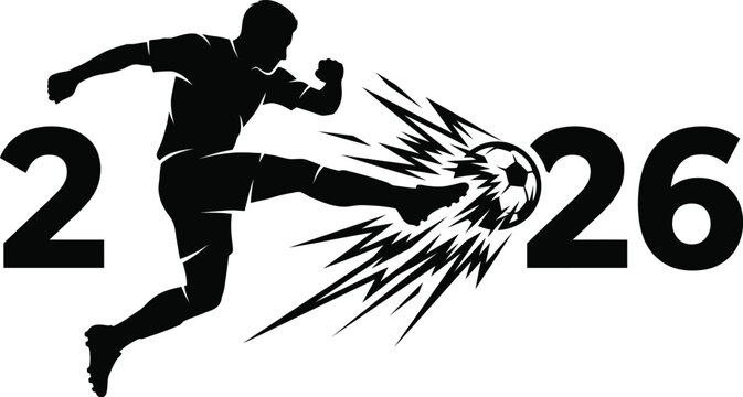 Soccer player silhouette kicking ball with number 26 isolated on white