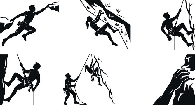 Rock climbing silhouettes collection on a white background