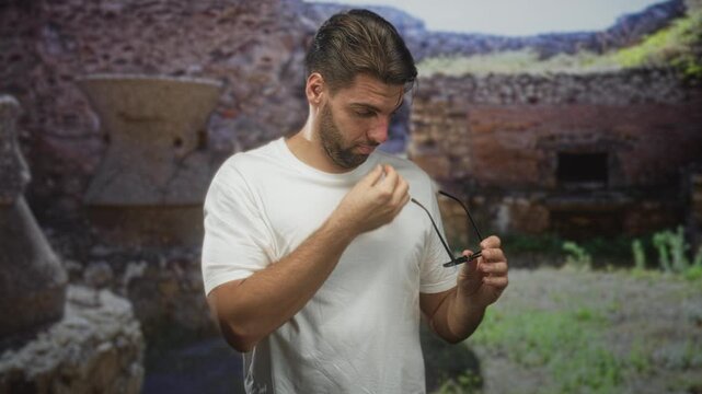 Hispanic bearded man holding sunglasses pinches bridge of nose amid ancient stone ruins and large amphora vessels in an archaeological site; disgust.