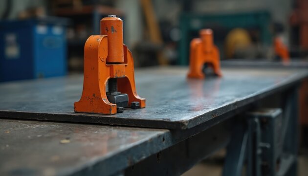 Orange toggle clamps secure metal sheet on a welding table in a workshop. Fixtures grip material for fabrication and assembly. Industrial setting with tools and machinery visible.