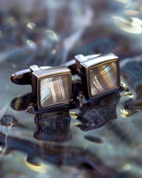 Square cufflinks gleam with layered iridescent stone. Metal edges reflect cool, polished finish. Water ripples softly beneath the pair. Reflections dance on dark, glossy surface