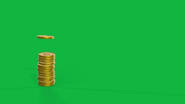 Stack of gold coins falling down in 3D isolated animation on green screen. Business concept. 