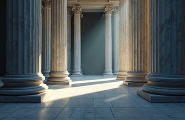 Obraz premium Sunlight streams through tall ancient stone columns inside a grand hall. This classic interior features marble floors and ornate capitals, evoking a sense of history and stately design.