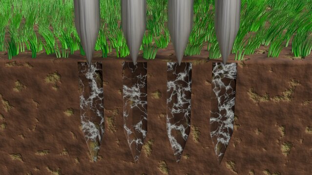 Soil aeration. Holes dug into earth allowing nutrients, gases, fertilizer to enter soil. Improving air exchange in soil. Digging holes opens up compacted soil during aeration. 3d render illustration
