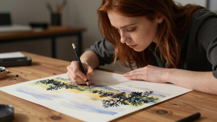 Fototapeta premium Young woman painting watercolor landscape on wooden table