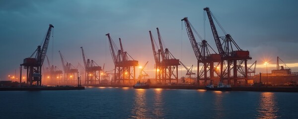 Fototapeta premium Large ship cranes stand at the Szczecin port. Vessels dock by water as industry lights up the dark maritime harbor. Ships await cargo loading at the busy shipyard.