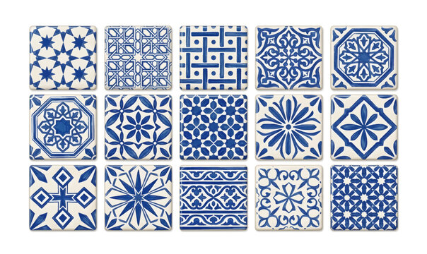 Collection of blue and white tiles.