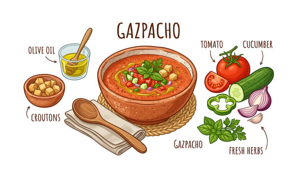 Collection of Gazpacho soup with fresh vegetables ingredients.