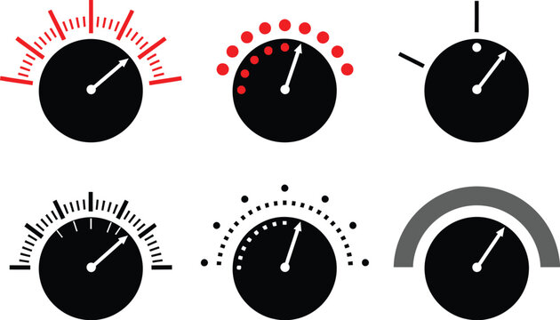 Gauges displayed in a diverse set show different styles of dials and needles for tracking progress or velocity in various applications.