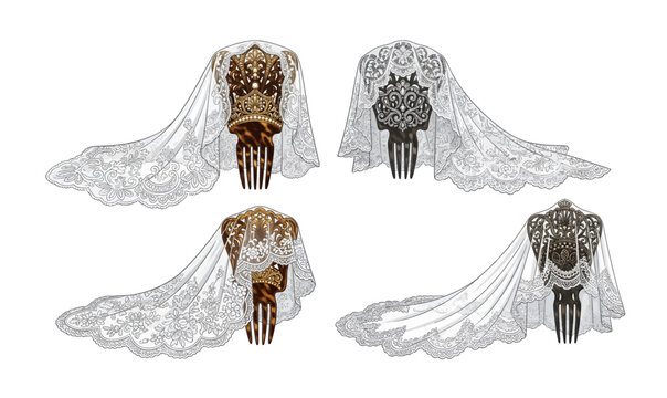 Collection of Wedding veils on ornate hair combs.