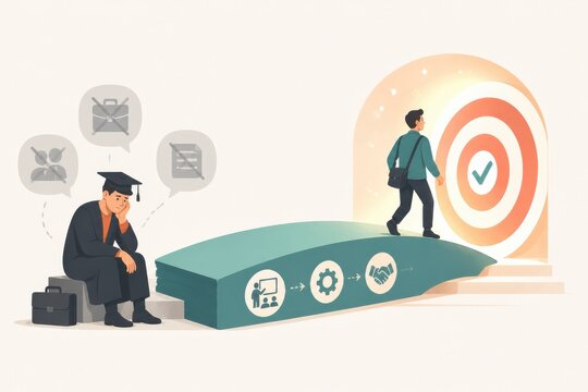 Graduate facing setbacks while another person walks toward a target goal in a conceptual success and achievement illustration
