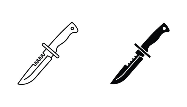 Combat knife illustration with serrated edge in outline and silhouette styles