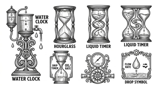 Collection of antique timekeeping devices and symbols.