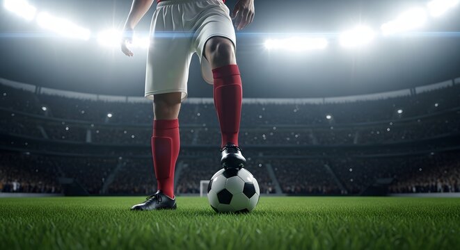 Football player in action on stadium field with soccer ball