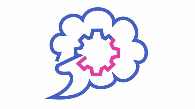 AI cloud process monitor icon with blue and pink line art screen with thought bubble core cartoon animation isolated on an alpha channel for neural data science element concept. Seamless looping.