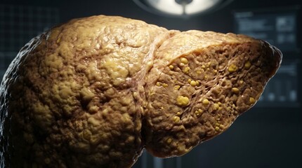 Obraz premium Close-up of a diseased human liver with fatty tissue and yellow nodules against dark background
