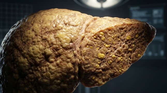 Close-up of a diseased human liver with fatty tissue and yellow nodules against dark background