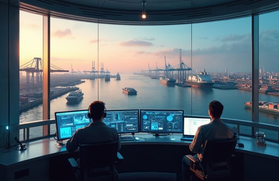 Control room operators monitor ship traffic in busy port at sunset. Advanced screens show cargo logistics data. Autonomous vessels navigate sea lanes under smart harbor management.