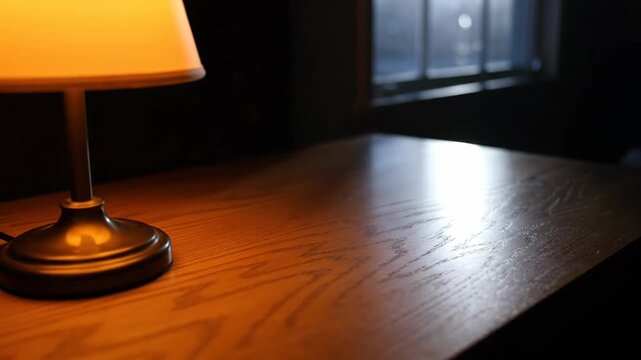 Warm Lamp Light Illuminates Wooden Surface Near Window.