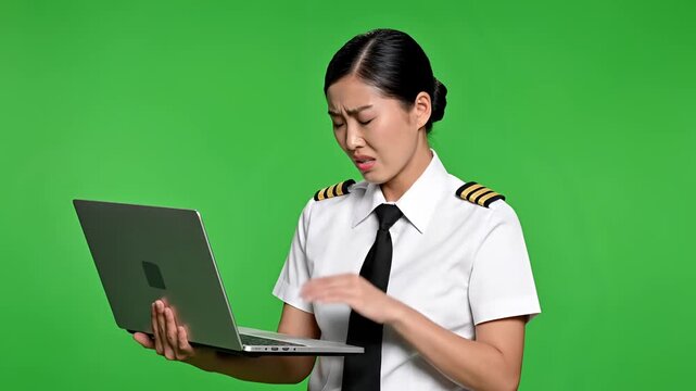 Stressed Female Pilot With Laptop Experiencing Headache On Green Screen.